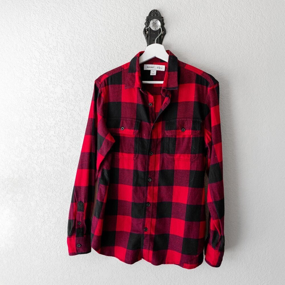 Old Navy Shirt Women SzS Red Black Buffalo Plaid Long Sleeve Button Up Cabincore
